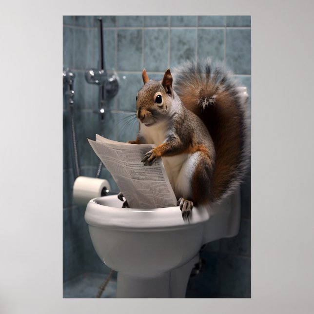 Póster Funny Squirrel Bathroom Print, Toilet Newspaper (Frente)