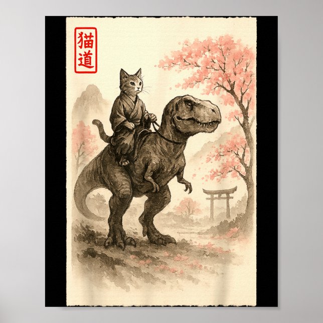 Póster Funny Sumi-e Kawaii Cat Riding Dinosaur Japanese A (Frente)