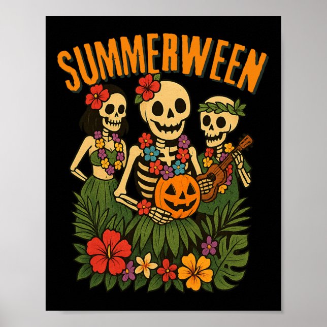 Póster Funny Summerween Skeletons Luau Fiesta Halloween B (Frente)