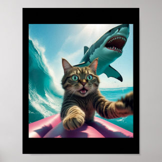 Póster Funny Surfing Cat Selfie With Shark Meme _1 