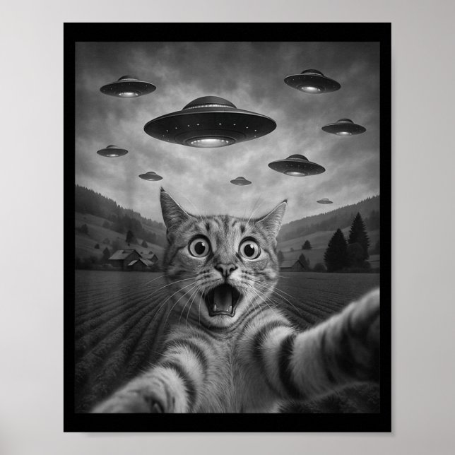 Póster Funny Surprised Ed Cat Selfie With Alien Ufo Cat U (Frente)