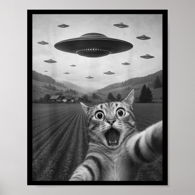 Póster Funny Surprised Ed Cat Selfie With Alien Ufo Cat U (Frente)