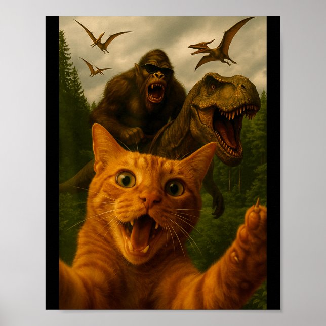Póster Funny Surprised Ed Cat Selfie With Bigfoot T-rex  (Frente)