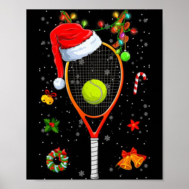 Póster Funny Tennis Racket Reindeer Santa Hat Christmas L (Frente)