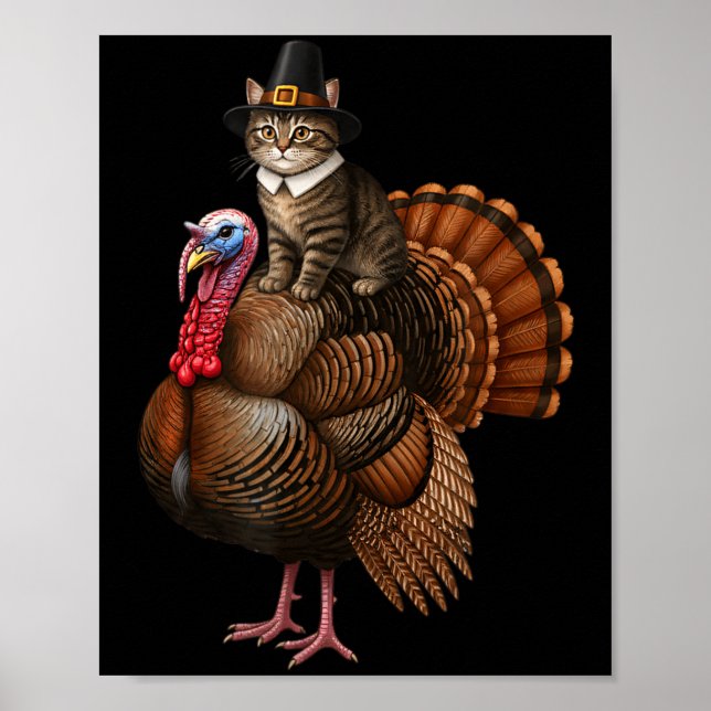 Póster Funny Thanksgiving Cat On Turkey, Lgrim Hat Turkey (Frente)