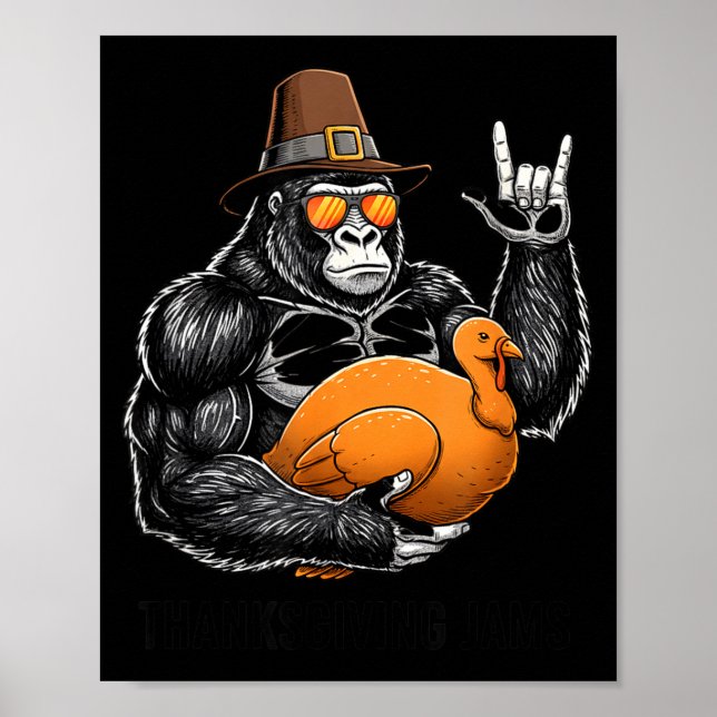 Póster Funny Thanksgiving Gorilla Holding Turkey Lgrim Ha (Frente)