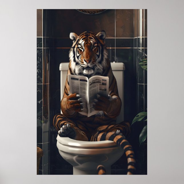 Póster Funny Tiger Bathroom Print, Reading Newspaper on (Frente)