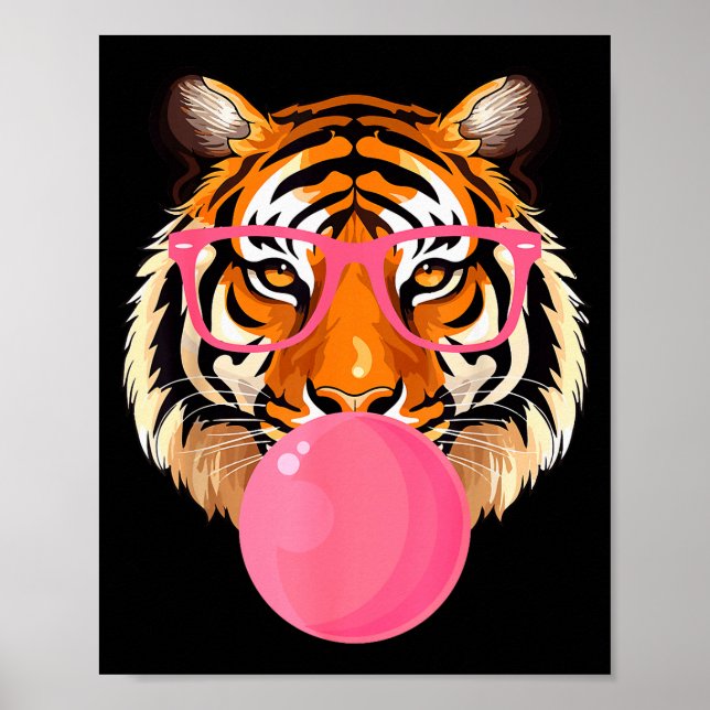 Póster Funny Tiger Gles Blowing Bubble Gum Cute Tiger Fac (Frente)
