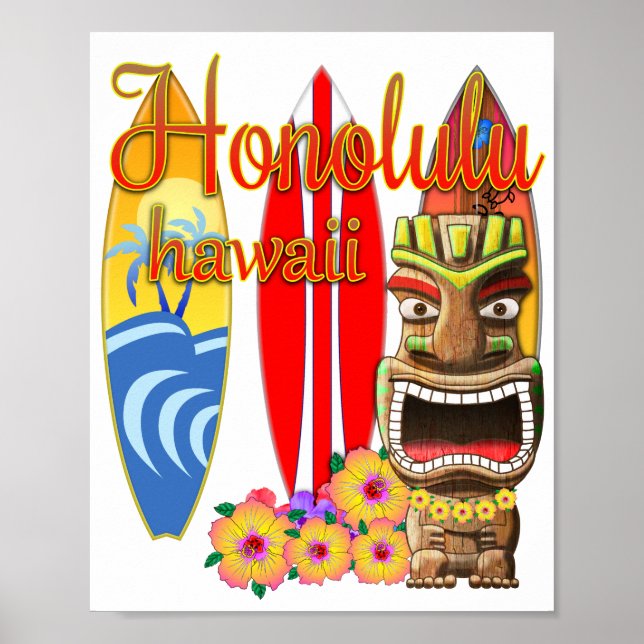 Póster Funny Tiki Honolulu Hawaii Surfing (Frente)