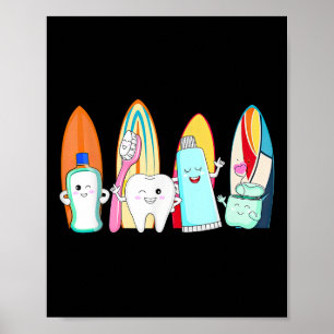 Póster Funny Tooth Surfboard Beach Summer Dental Hyg