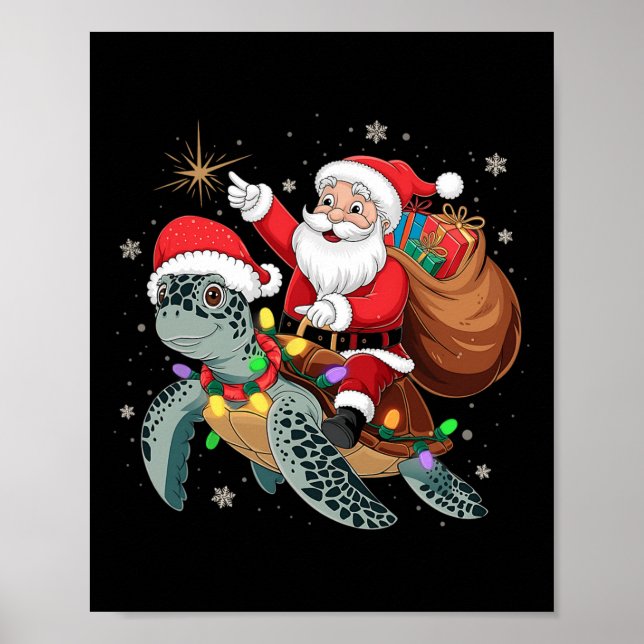 Póster Funny Turtle Christmas Santa Riding Sea Turtle Xma (Frente)