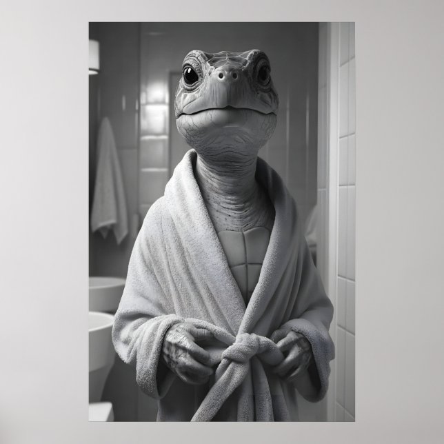 Póster Funny Turtle in Bathrobe Print, Quirky Bathroom (Frente)