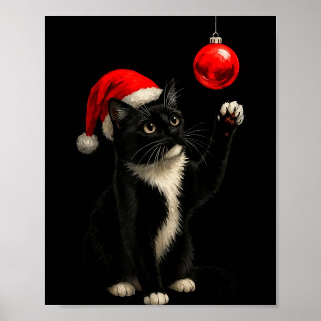 Póster Funny Tuxedo Bauble Cat Santa Hat Red Xmas Christm (Frente)