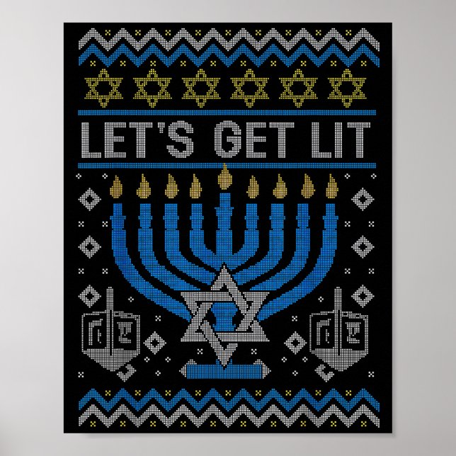 Póster Funny Ugly Hanukkah Sweater Lets Get Lit Menorah J (Frente)