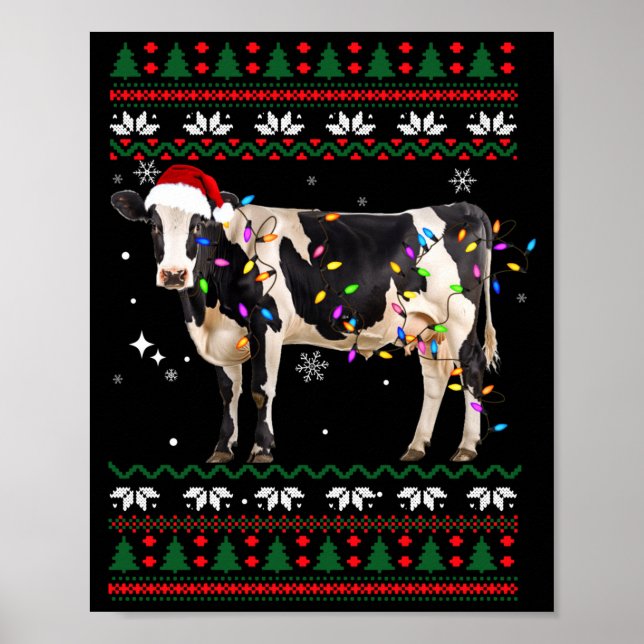 Póster Funny Ugly Xmas Sweater Dairy Cow Farmer Lights Ch (Frente)