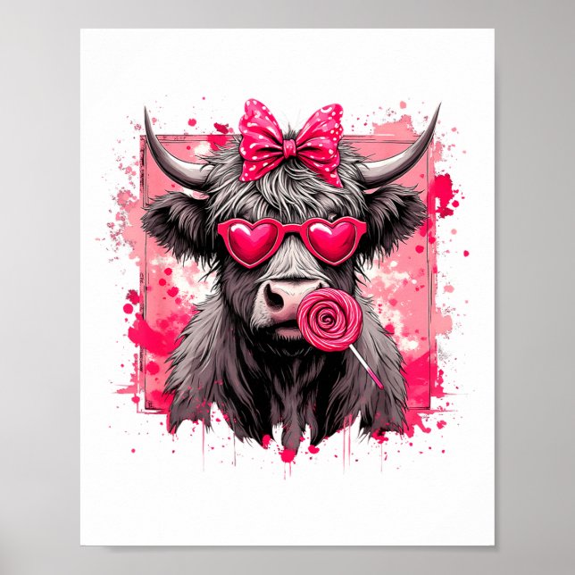 Póster Funny Valentine Highland Cow Lollip Heart Art Nk L (Frente)