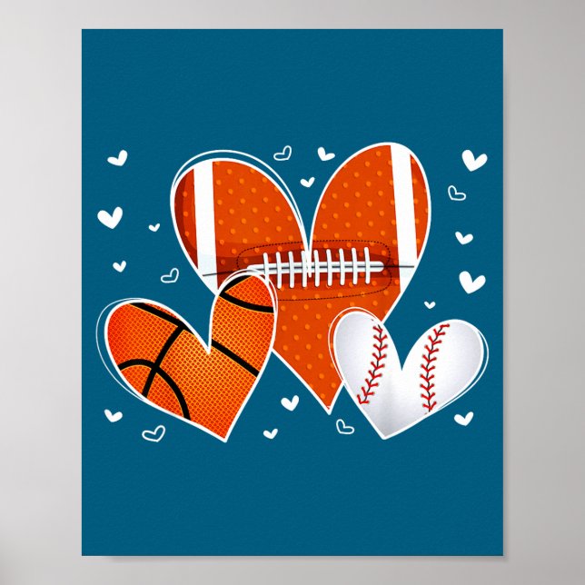 Póster Funny Valentines Baseball Basketball Football Hear (Frente)
