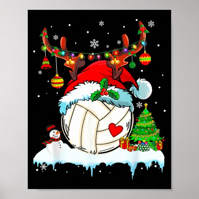 Póster Funny Volleyball Christmas Reindeer Santa Hat Ligh (Frente)