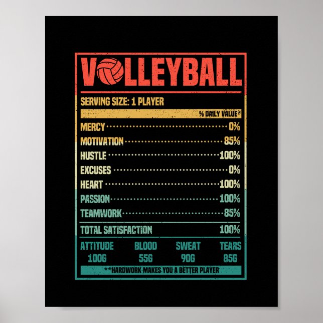 Póster Funny Volleyball Nutrition Hacts Vball Team Fan (Frente)