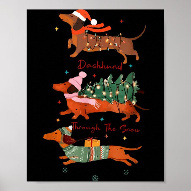 Póster Funny Weiner Dog Dachshund Through The Snow Merry  (Frente)