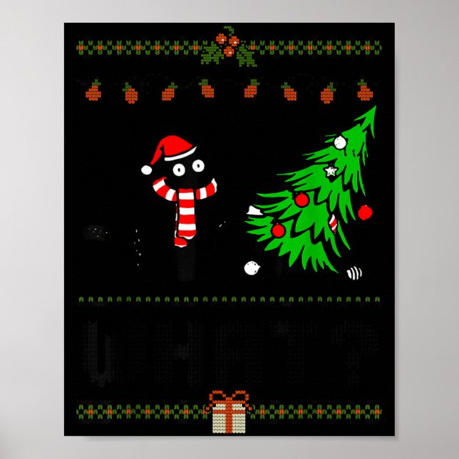 Póster Funny Xmas Black Cat Pushing Christmas Tree Over C (Frente)