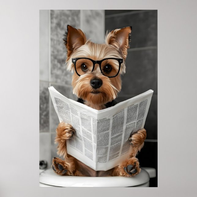 Póster Funny Yorkie Bathroom Print, Reading Newspaper (Frente)