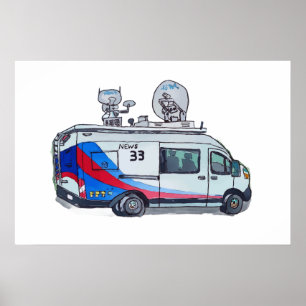 Póster Furgoneta Clásica de Noticias de TV