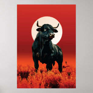 Póster Furia de Medianoche – Majestuoso Toro Negro Bajo C