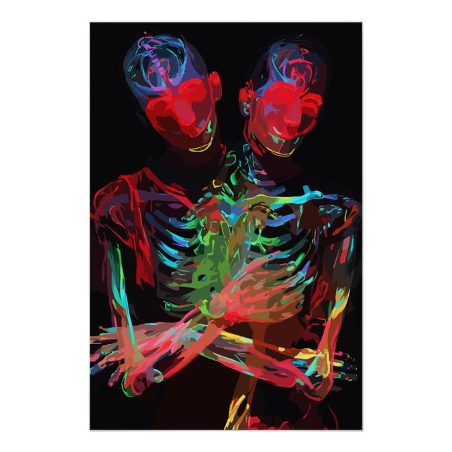 Póster Fusión de Arte Abrazo de Esqueleto de Neón (Anverso)
