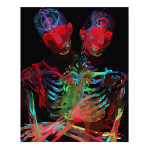 Póster Fusión de Arte Abrazo de Esqueleto de Neón
