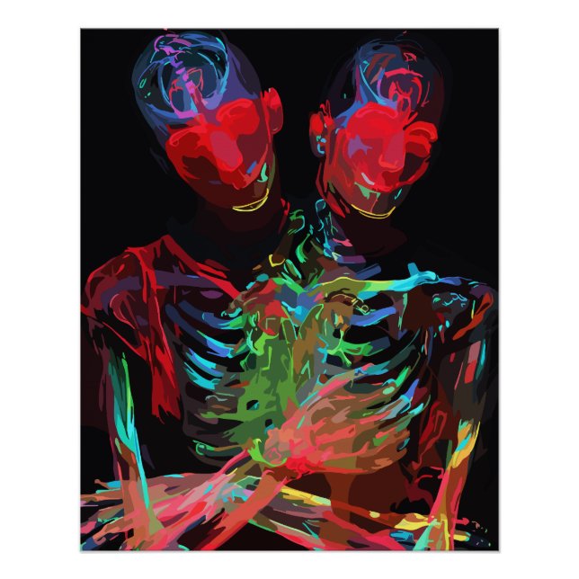 Póster Fusión de Arte Abrazo de Esqueleto de Neón (Anverso)