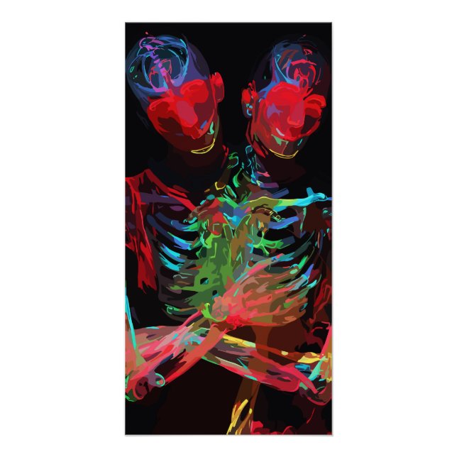 Póster Fusión de Arte con Abrazo de Esqueleto de Neón (Anverso)