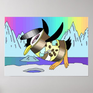 Póster Fusión de café enlatado y pingüinos.