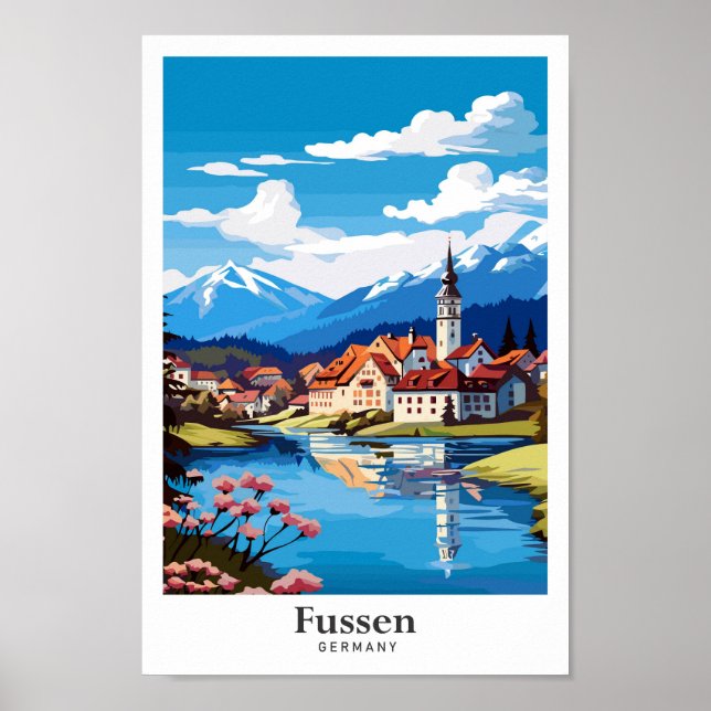 Póster Fussen Alemania Art Vintage Travel Ilustracion (Frente)