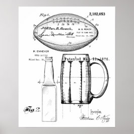 Póster Fútbol y jarra de cerveza, botella, huella azul de