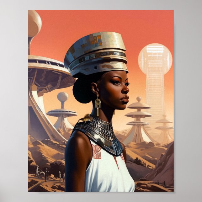 Póster Futurista ciencia ficción de reina afrofuturista (Frente)