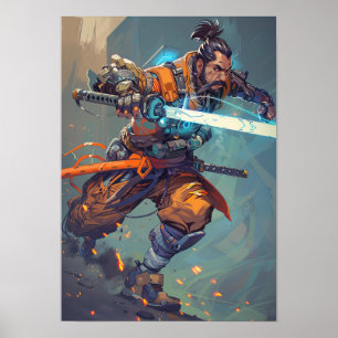 Póster Futurista Cyberpunk Samurai sostiene Katana láser