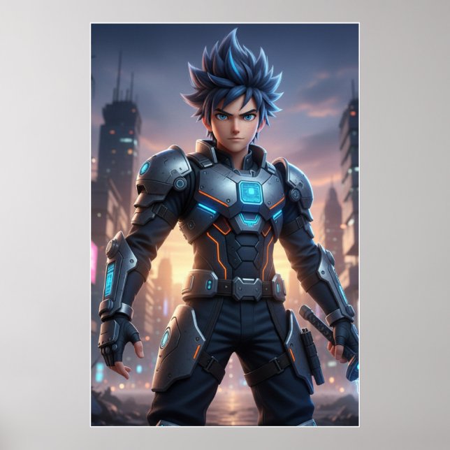 Póster Futuristic Anime Hero – Cyberpunk Warrior Poster (Frente)