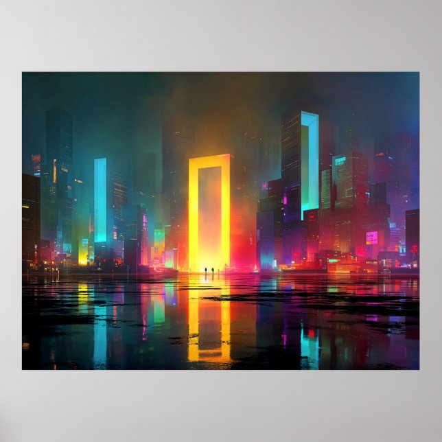 Póster Futuristic City with Radiant Neon Portal (Frente)