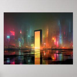 Póster Futuristic Cityscape with Neon Reflections