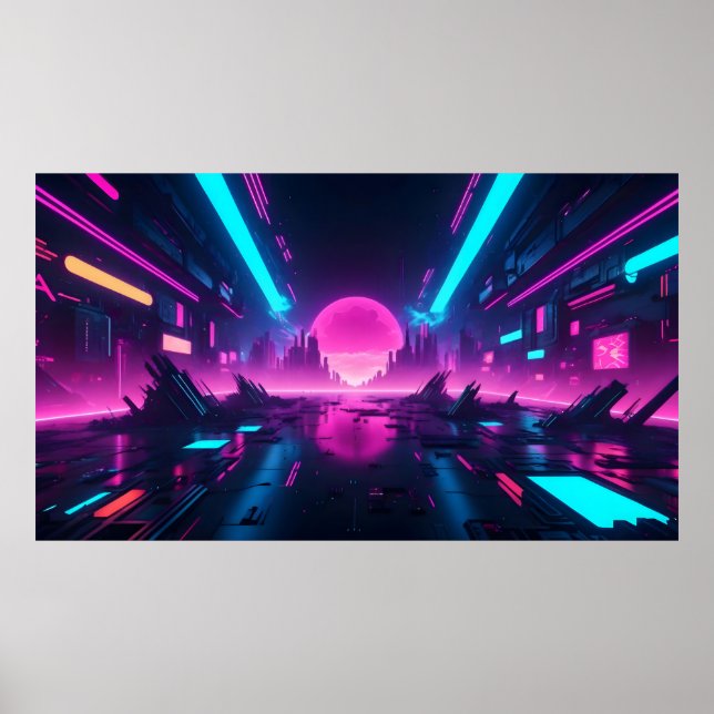 Póster Futuristic Neon Vaporwave City Horizon Synthwave (Frente)