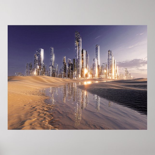 Póster Futuristic Sci-Fi City Reflected In Desert Sands (Frente)