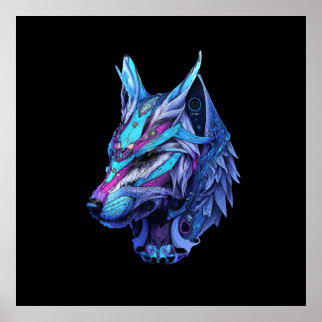 Póster Futuristic Wolf Fantasy Steampunk Space Galaxy (Frente)