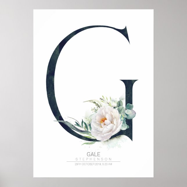 Póster G Letra Monograma Flores blancas y vegetación (Frente)