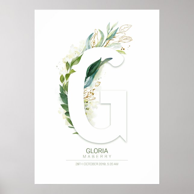 Póster G Letra monograma Moda de follaje de verde dorado (Frente)
