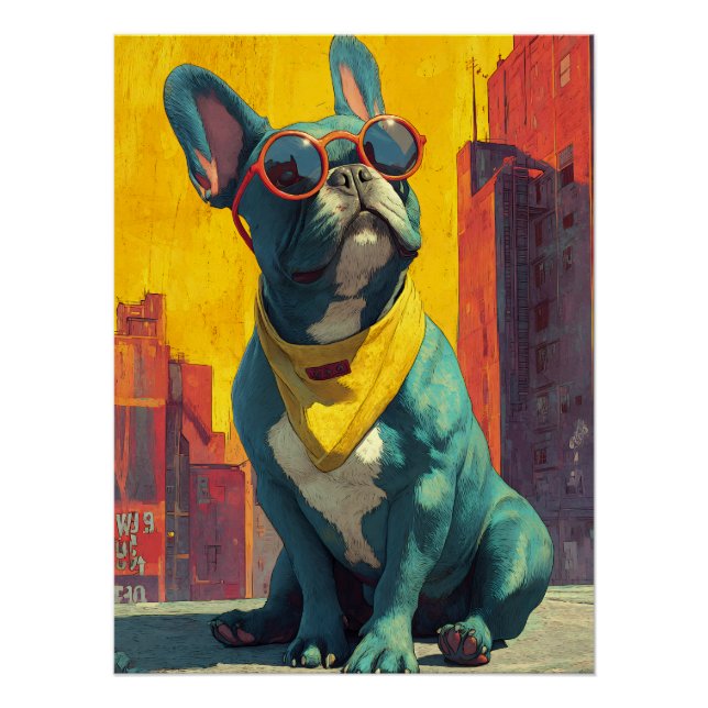 Póster Gafas de sol Cool Teal Frenchie (Anverso)