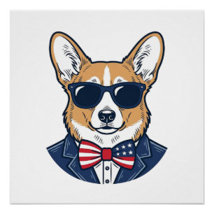 Póster Gafas de sol Corgi Patrióticas Arte Vector Vintage