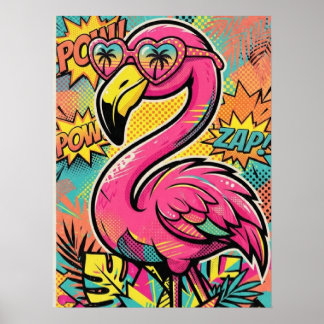 Póster Gafas de sol de flamenco de cómic retro vibrante a