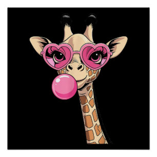 Póster Gafas de sol de jirafa linda soplando chicle rosa
