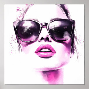 Póster Gafas de sol de mujer de moda con acuarela rosa ch